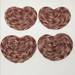 Vintage Americana Heart Coaster Set – Burgundy & Cream Braided Fabric – Set of 4